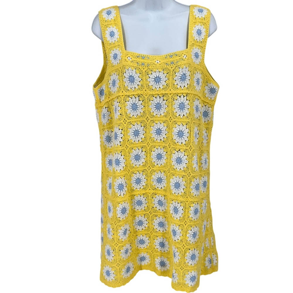Cotton Emporium Dress Womens M Yellow Crochet Daisy Floral Boho Y2K Festival